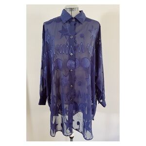 VTG Sand Dollars Sz L Navy Sheer Oversized Tunic Blouse Stars and Spirals